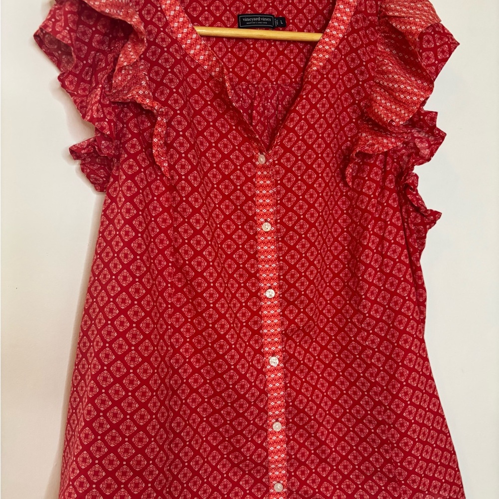 Vineyard Vines Red Tile Patterned Ruffle Blouse - image 6